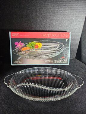 Vintage Anchor Hocking Monaco Clear Ribbed Divided Glass Plate In Box 13" Long